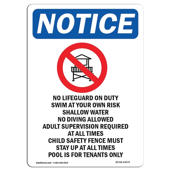Safety Sign, OSHA Notice, 5" Height, No Lifeguard On Duty Sign With Symbol, Portrait, 10PK